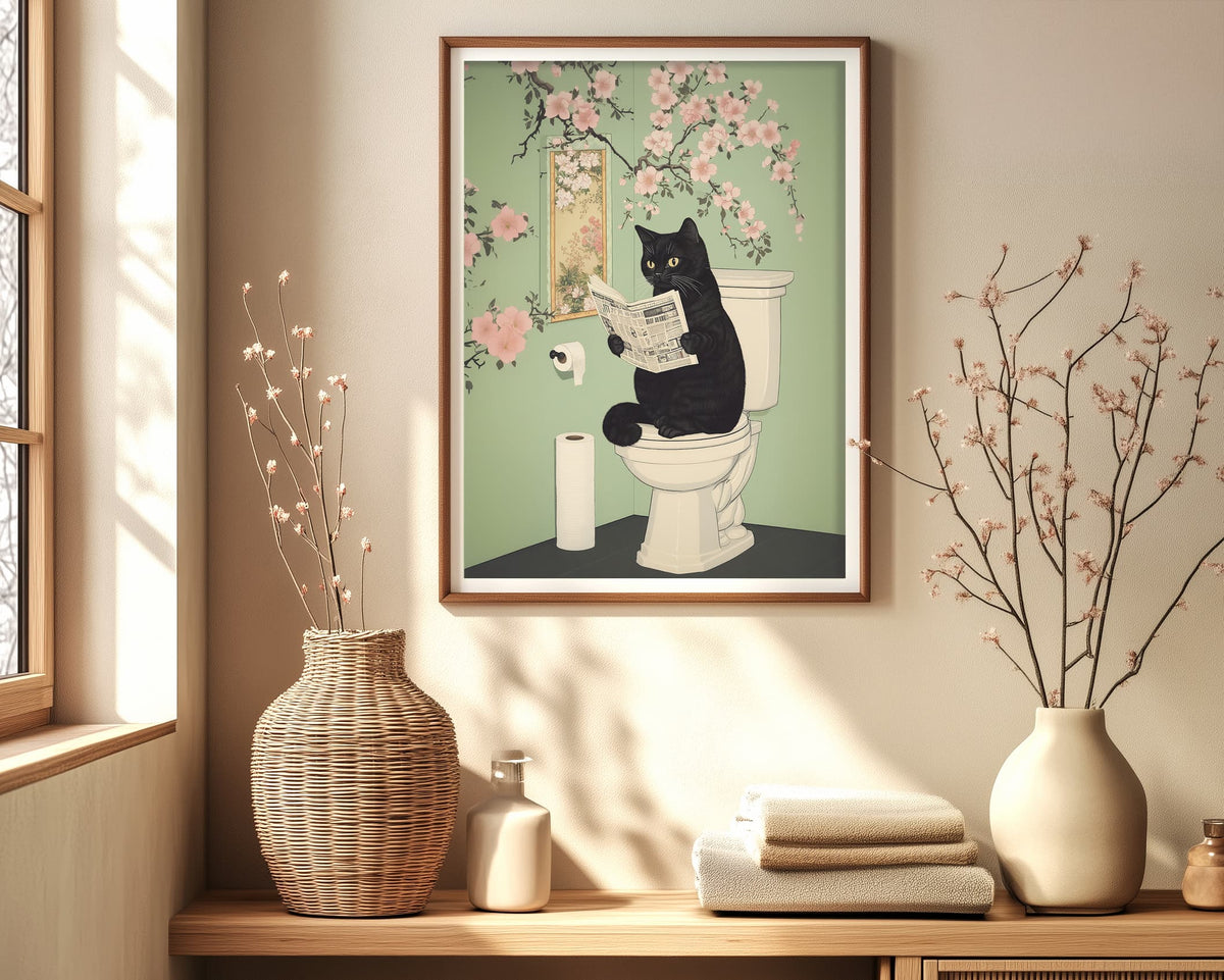 Japanese Black Cat on Toilet – Funny Japandi Bathroom Wall Art Print ...