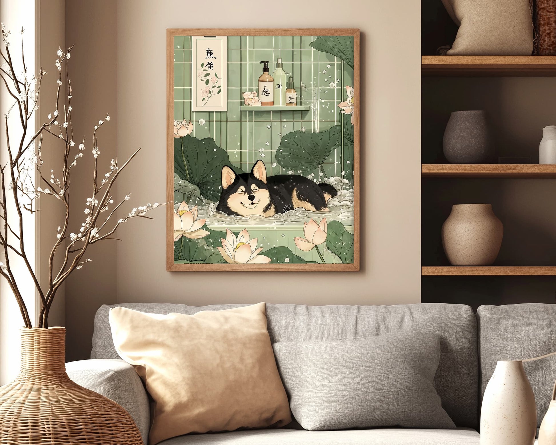 Sage green dog bathroom print