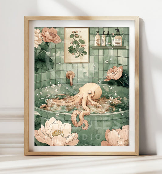 Octopus in bathtub Japandi wall art