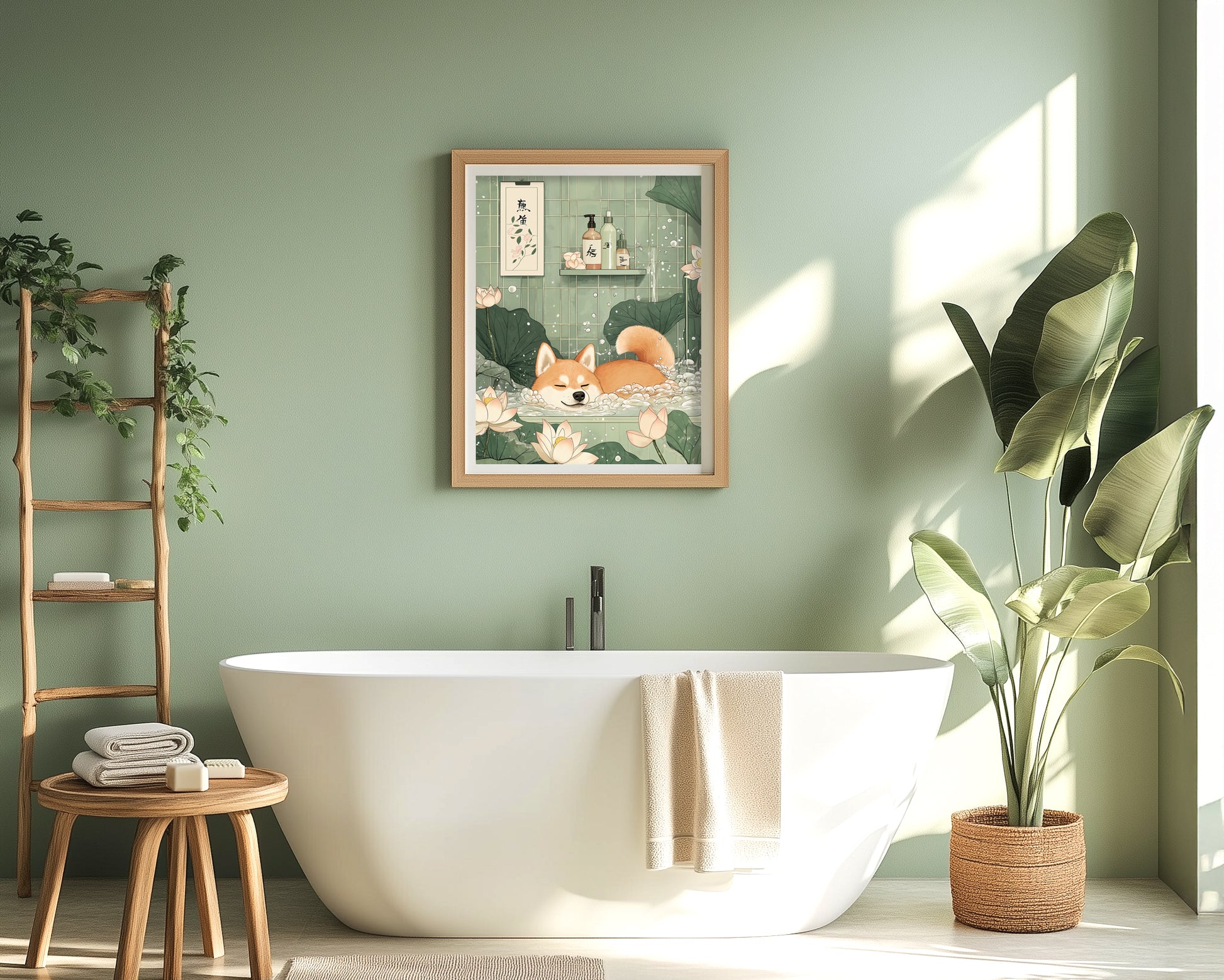 sage green decor aesthetic bathroom wall art minimalist dog print