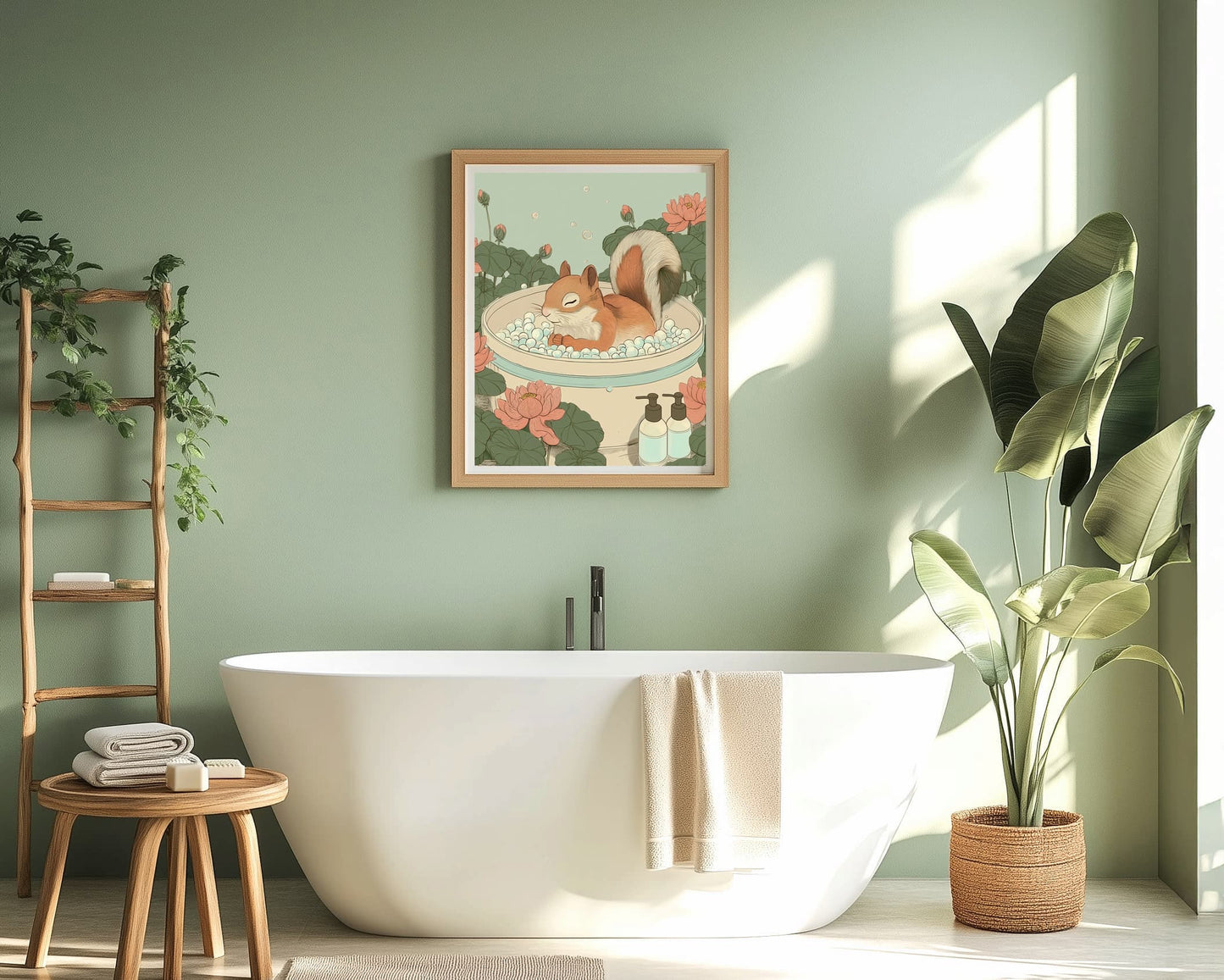 Relaxing squirrel soaking in vintage tub