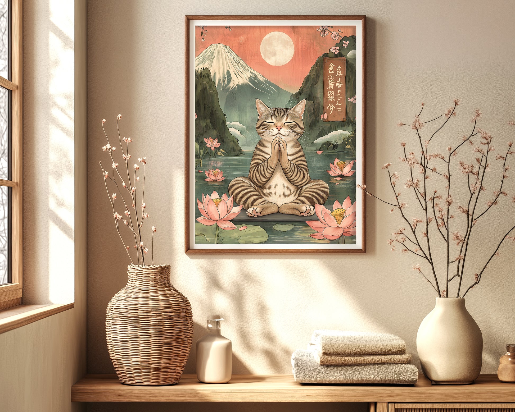 Tabby cat art in minimalist style with lotus and Fuji