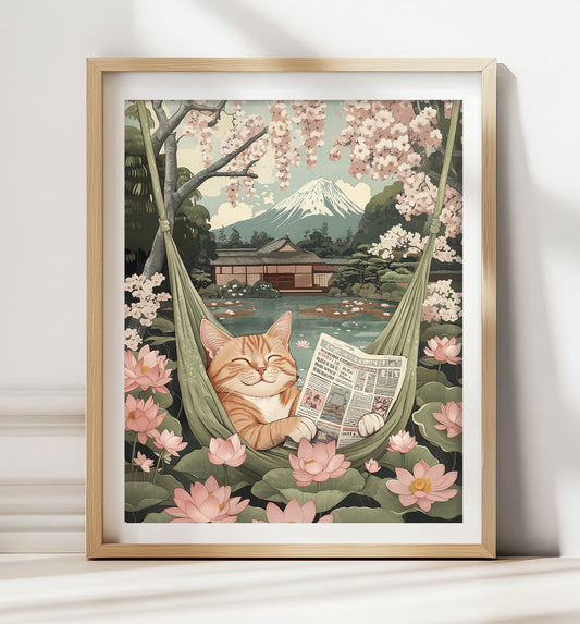 Orange cat hammock Japanese wall art