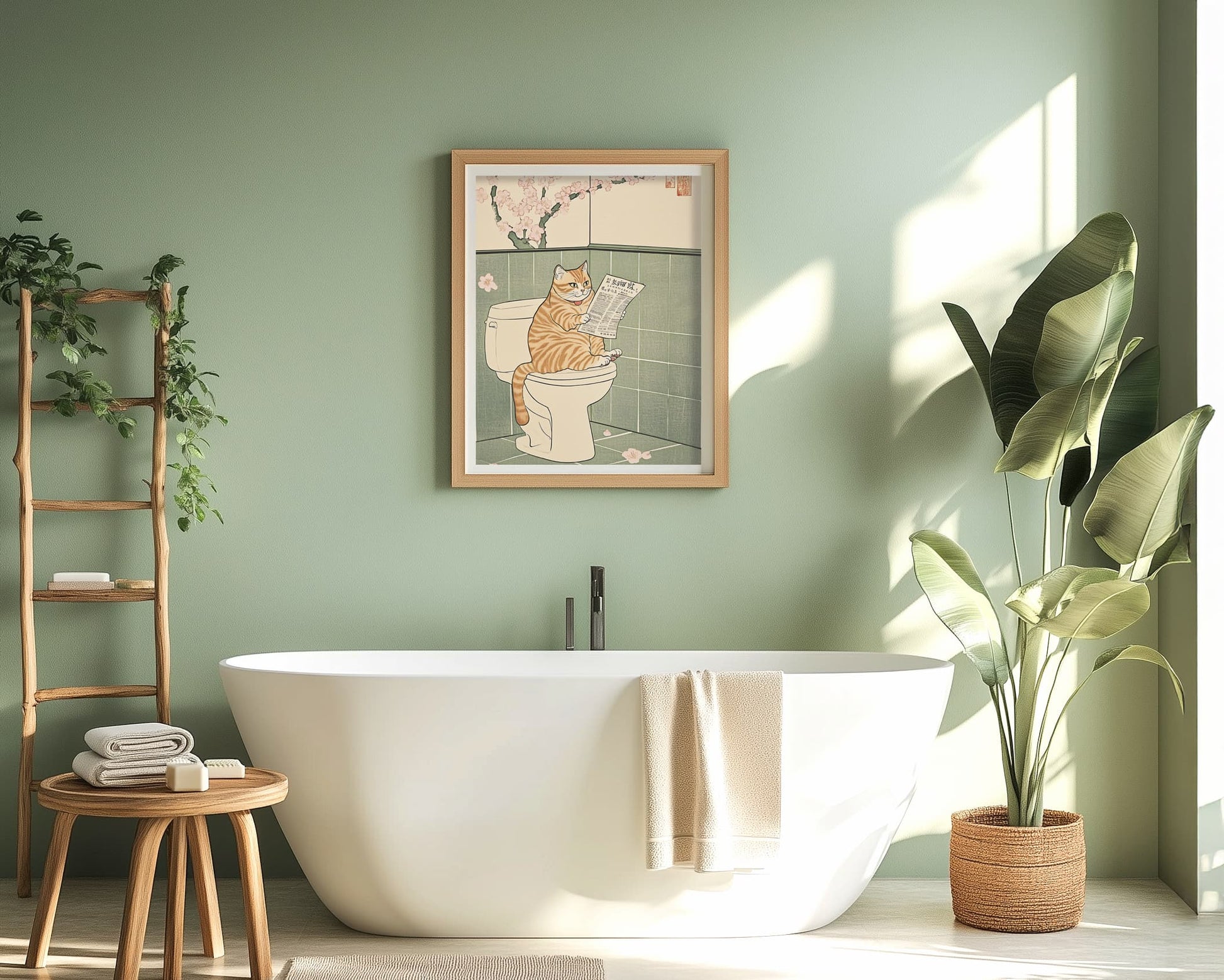 Japanese cat reading on toilet poster