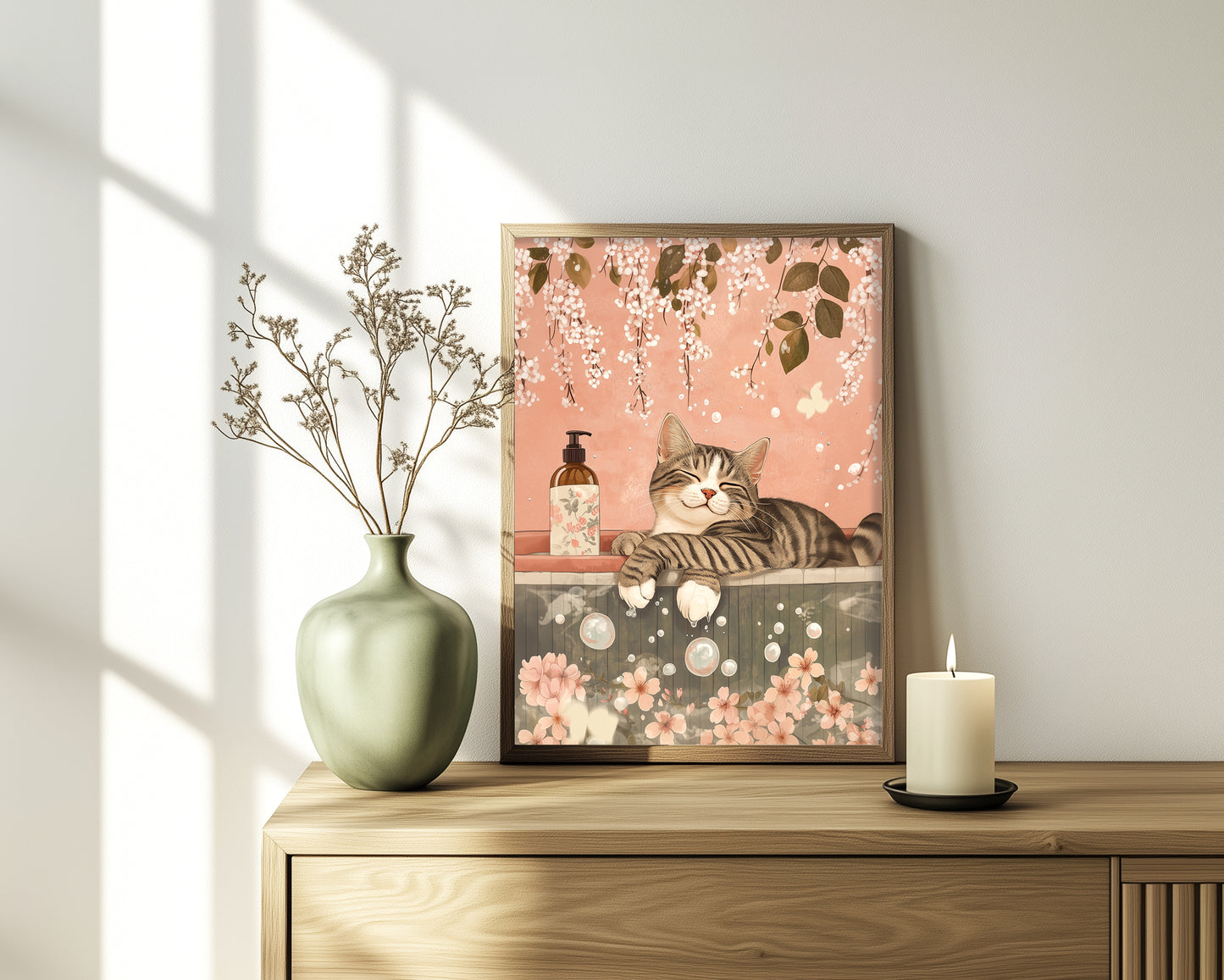 Calm aesthetic cat print for bathroom or spa space