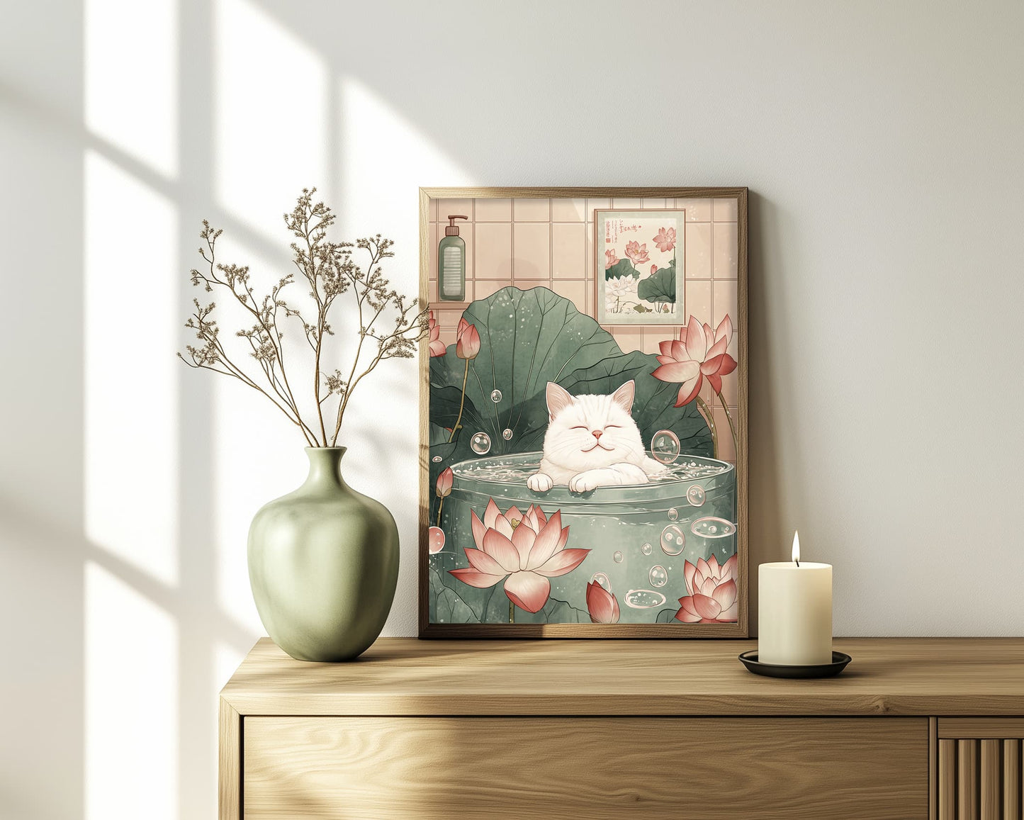 Funny Ukiyo-e inspired cat artwork for bathroom decor