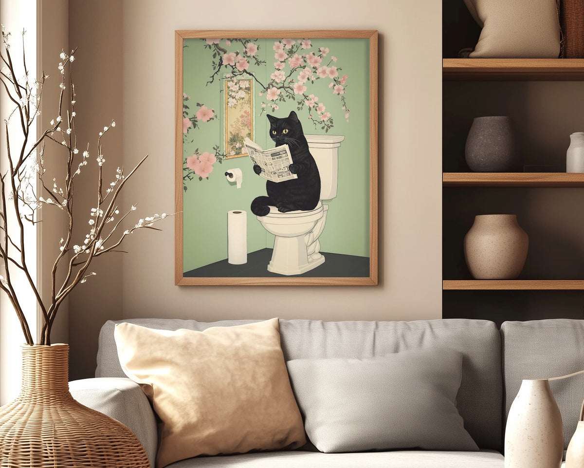 Japanese Black Cat on Toilet – Funny Japandi Bathroom Wall Art Print ...