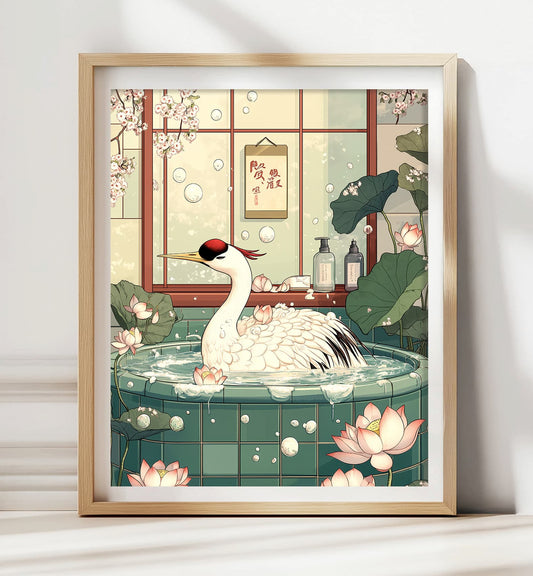 Japanese crane in bathtub wall art