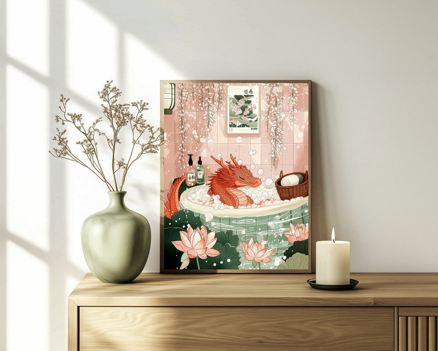 Minimalist Japanese dragon wall art for bathroom decor