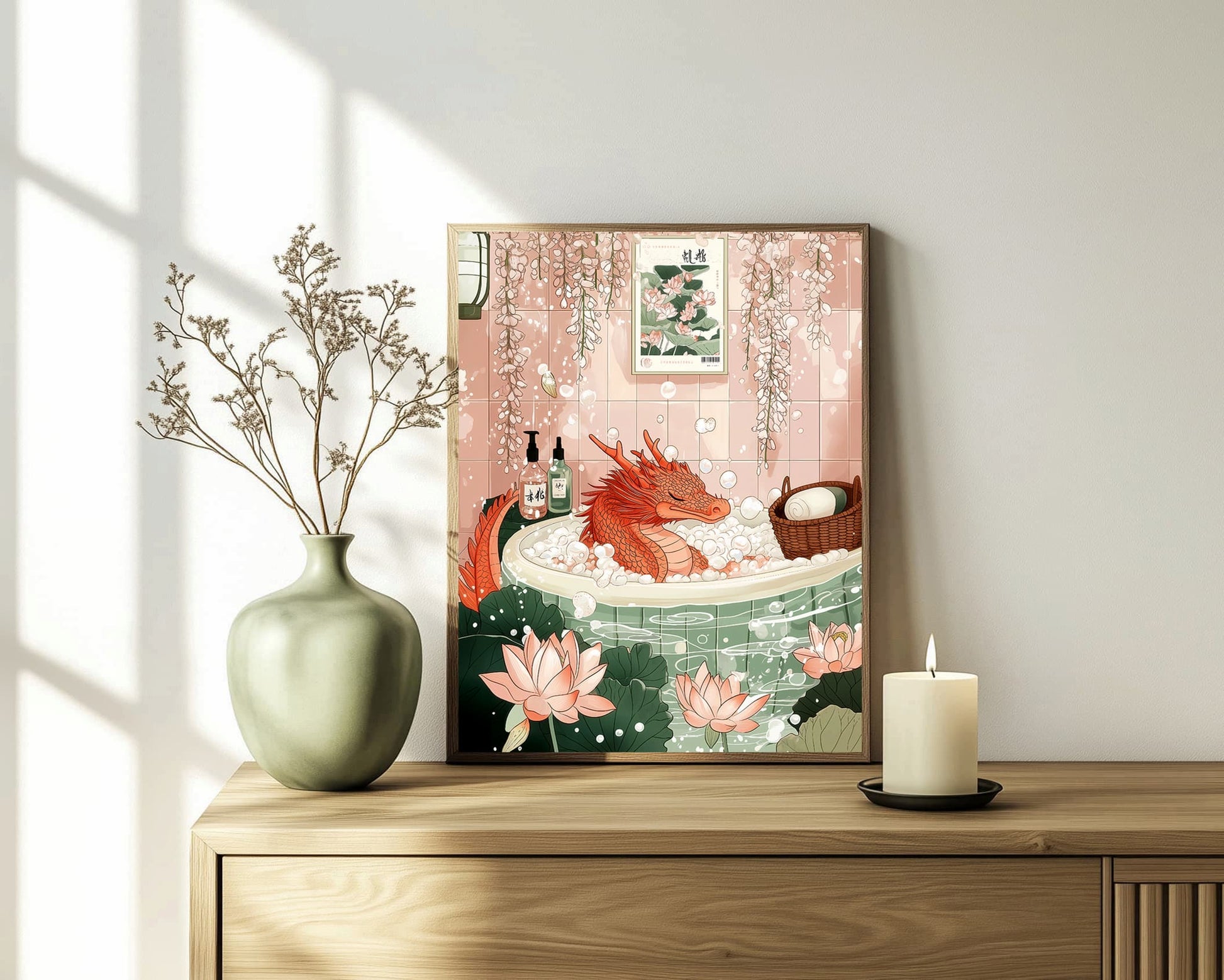 Minimalist Japanese dragon wall art for bathroom decor