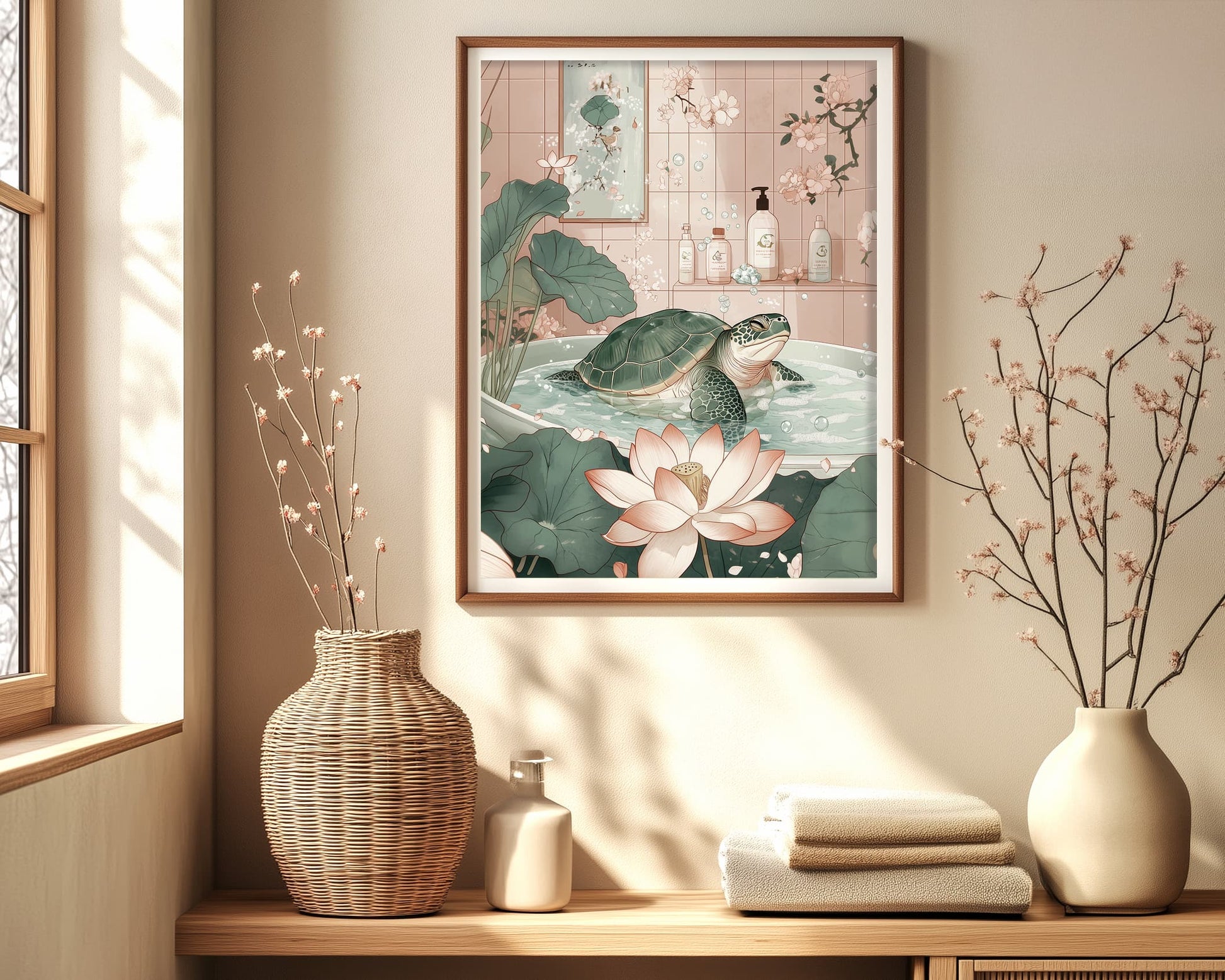 japanese poster sea turtle in bathtub print