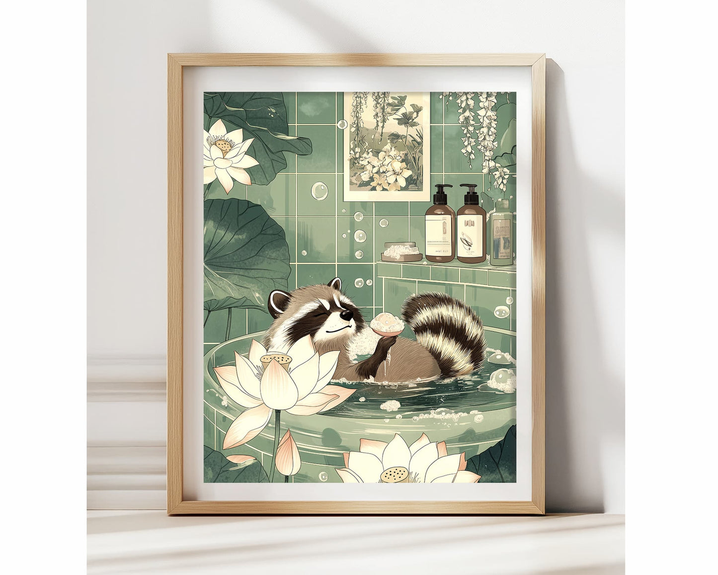 Funny raccoon relaxing in bathtub wall art