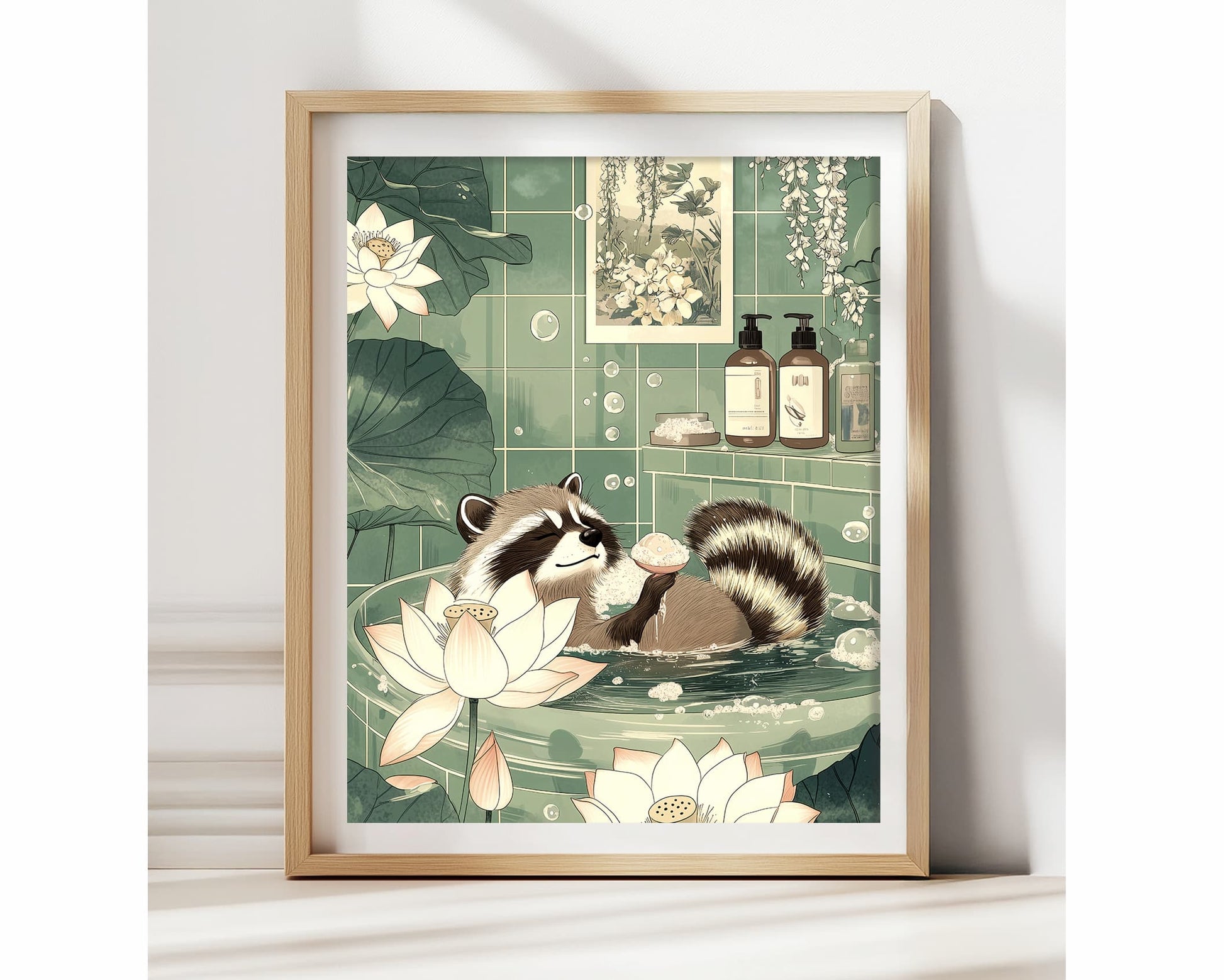 Funny raccoon relaxing in bathtub wall art
