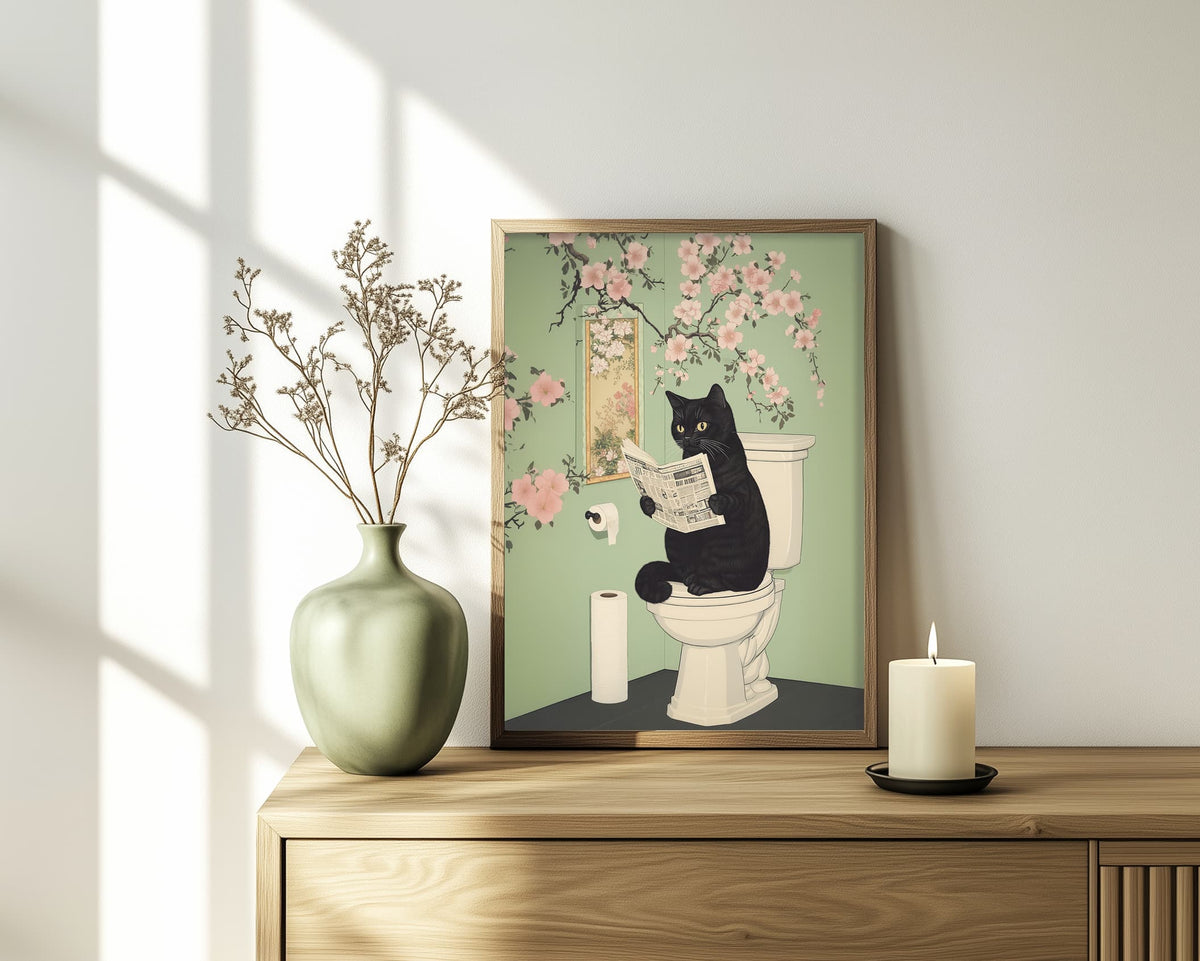 Japanese Black Cat on Toilet – Funny Japandi Bathroom Wall Art Print ...