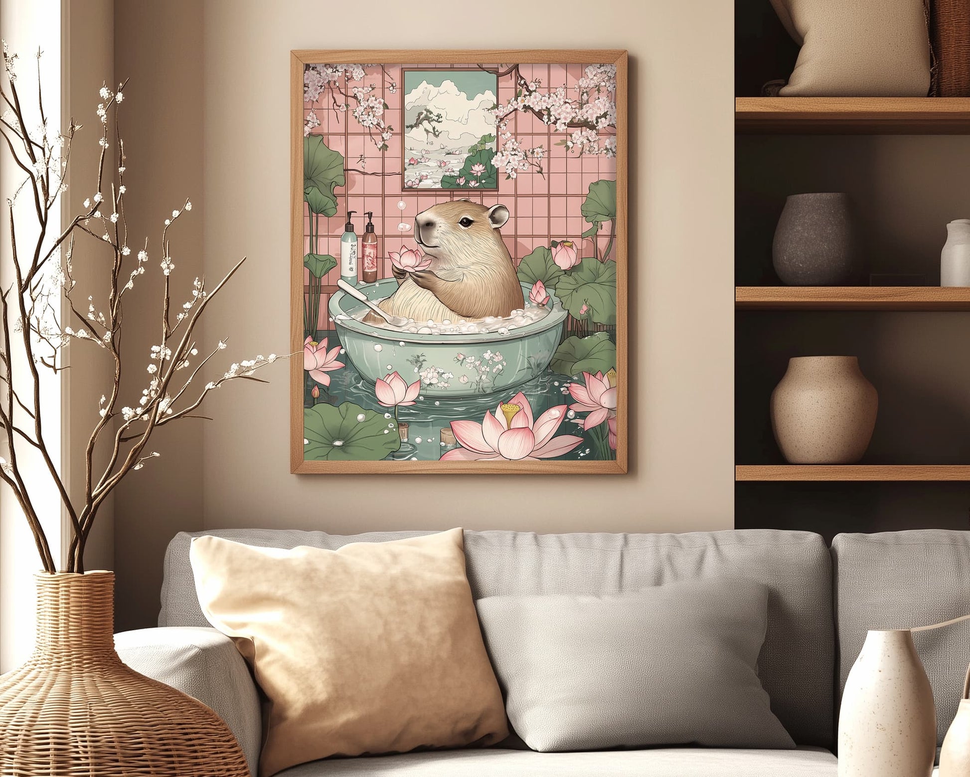 Japandi bathroom decor with relaxed capybara scene