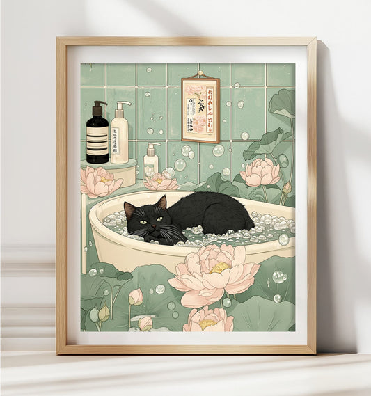 Black cat in bathtub wall art