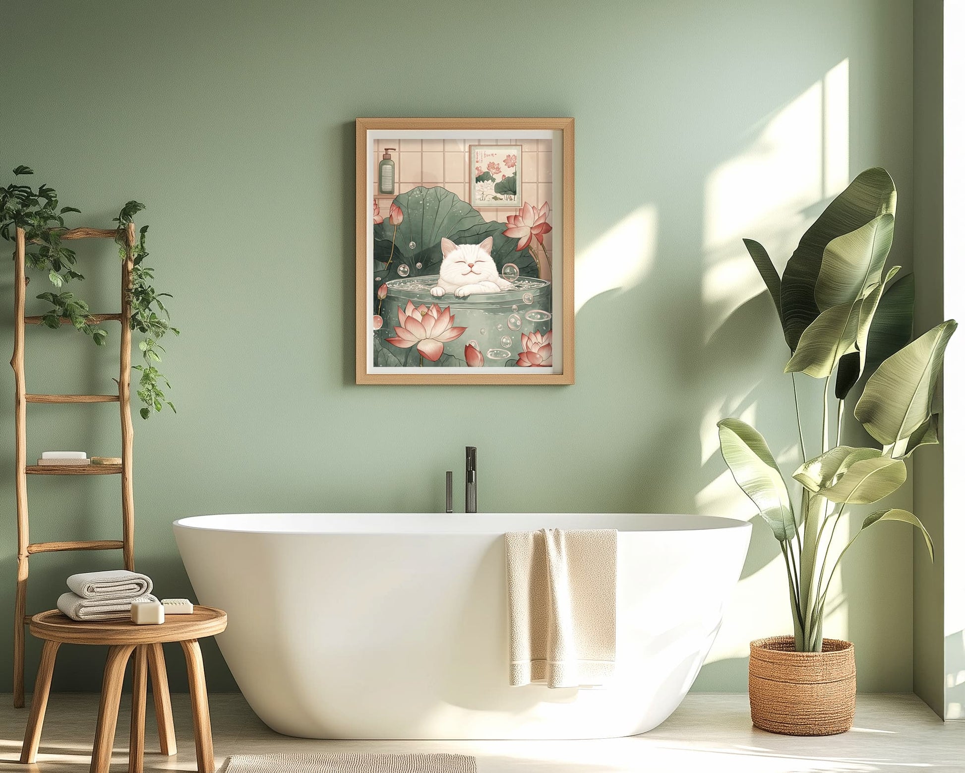 Japandi bathroom wall print featuring a white cat soaking in a tub