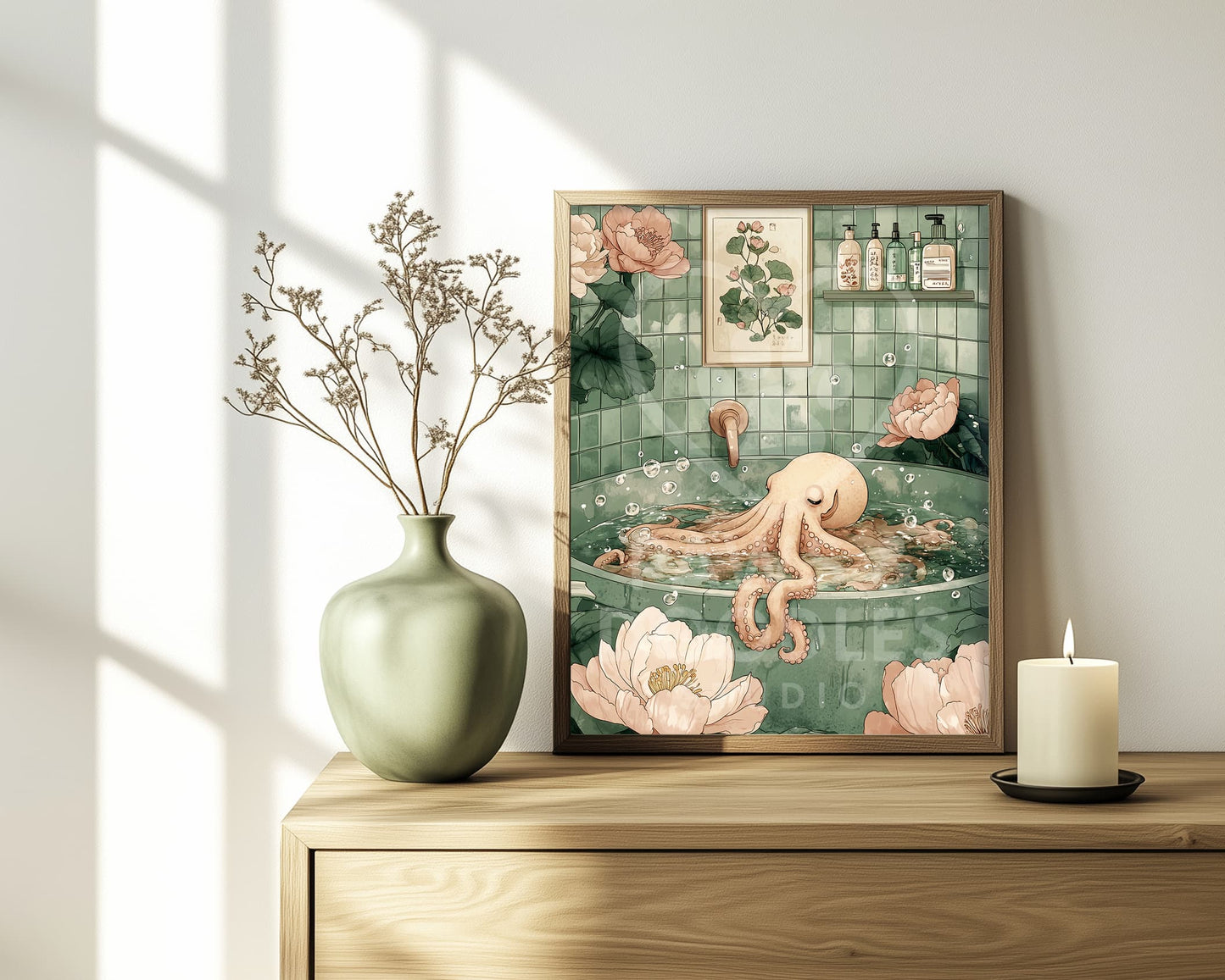 Japandi octopus art for bathroom