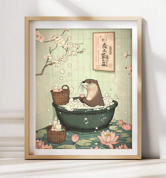 Otter in bathtub Japandi bathroom poster