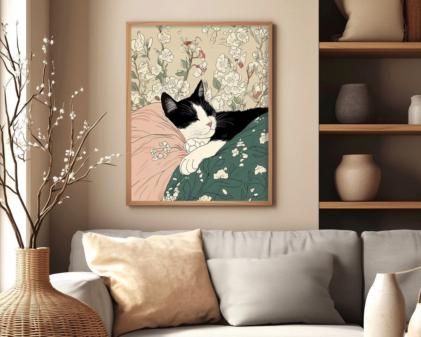 Tuxedo cat resting in peaceful pose