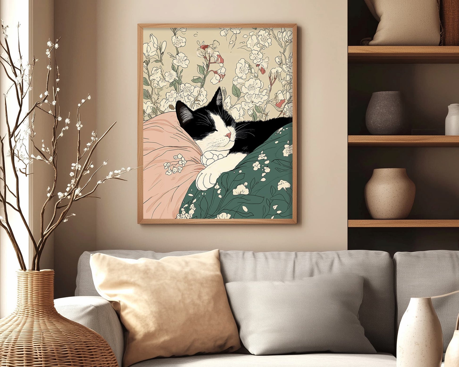 Tuxedo cat resting in peaceful pose