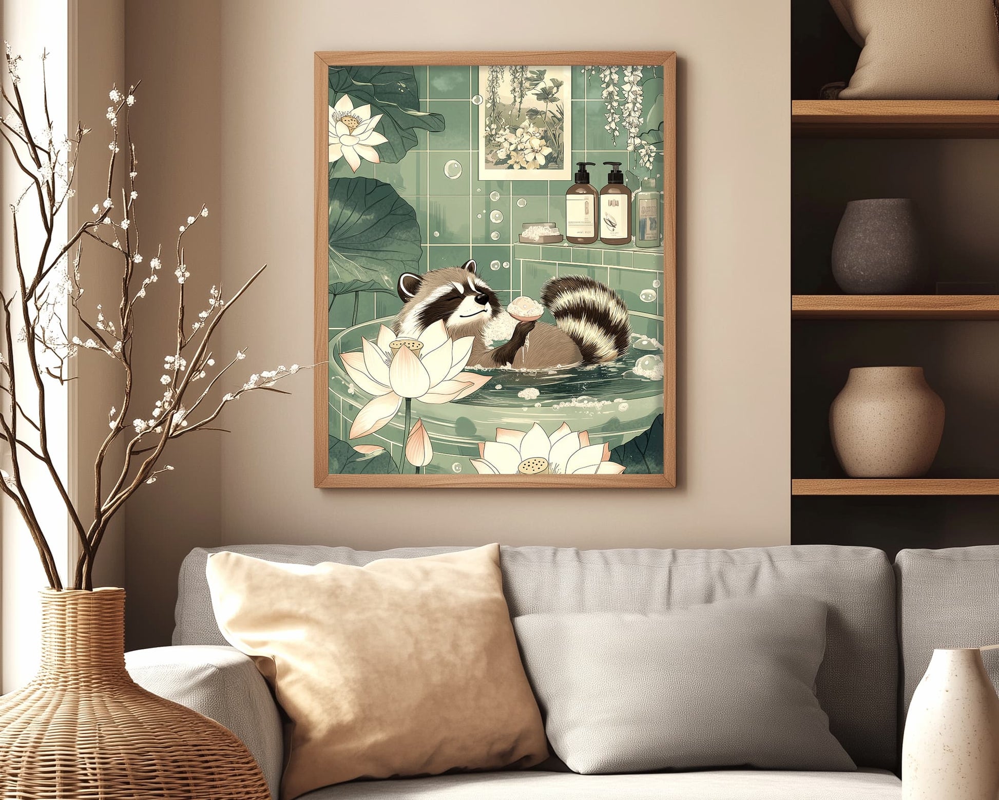 Whimsical raccoon bathtub bathroom art