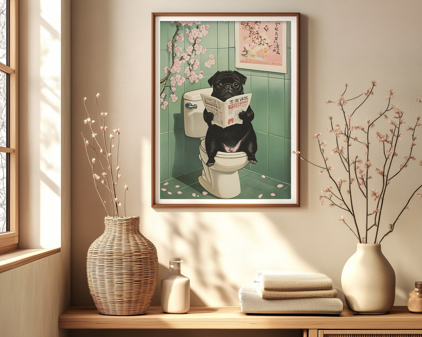 Funny Pug on Toilet Japanese Art Print – Quirky Dog Bathroom Wall Art, Minimalist Japandi Decor, Vintage Japanese Pet Lover Gift