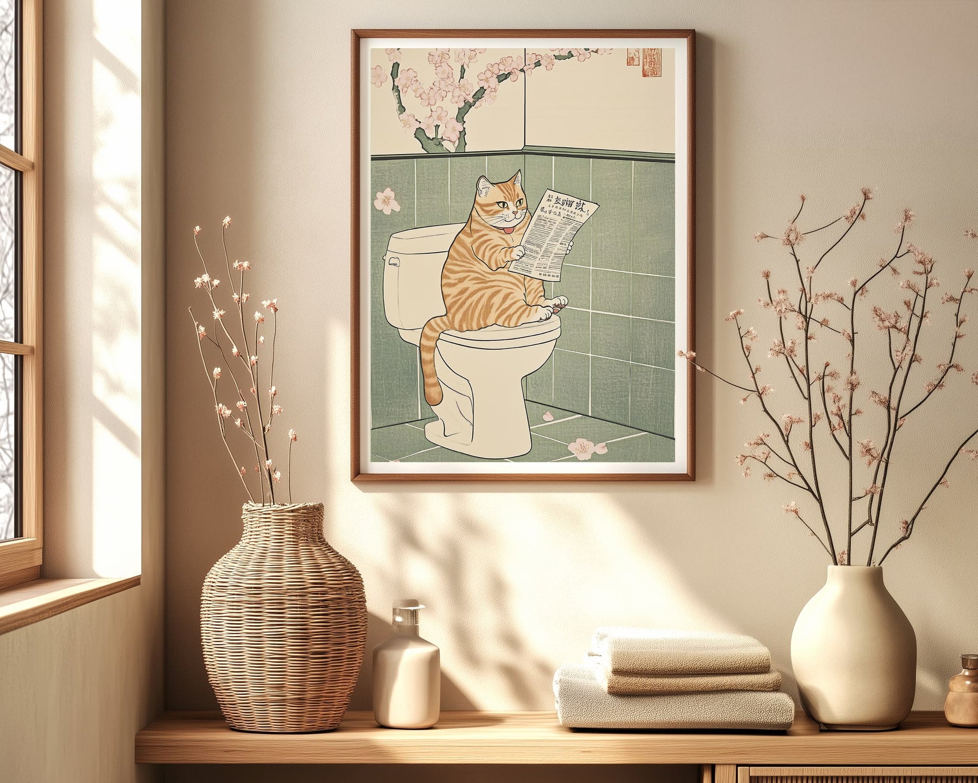 Minimalist Japanese bathroom cat poster
