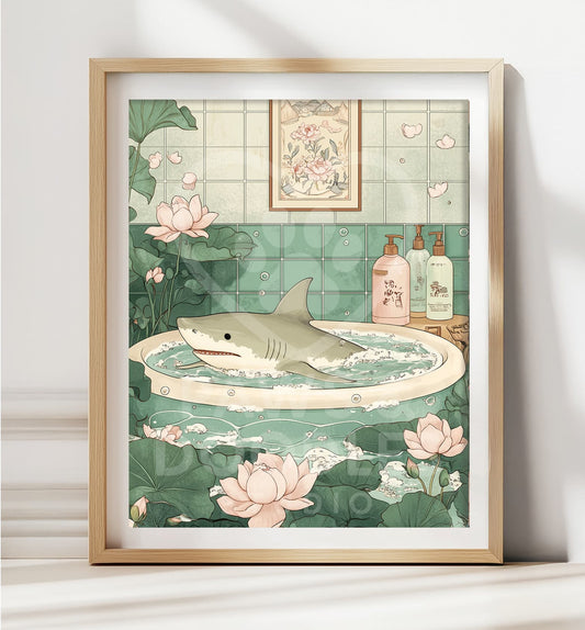 Shark in bathtub Japandi style poster