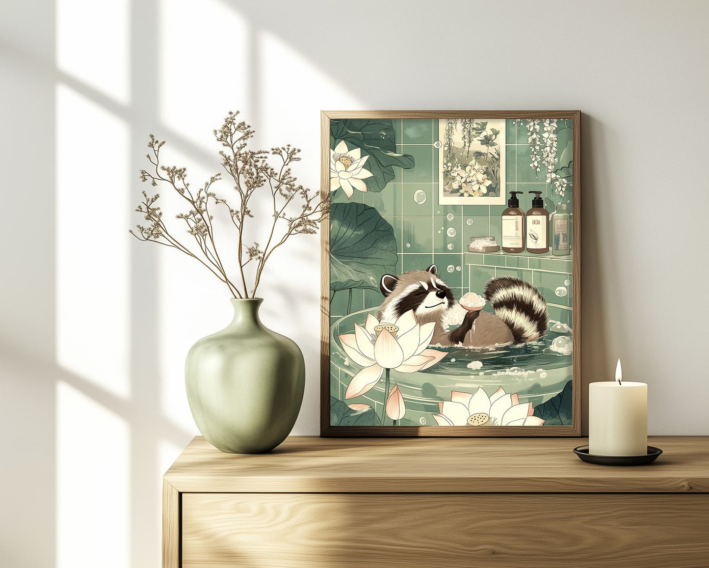 Zen raccoon wall art for bathroom