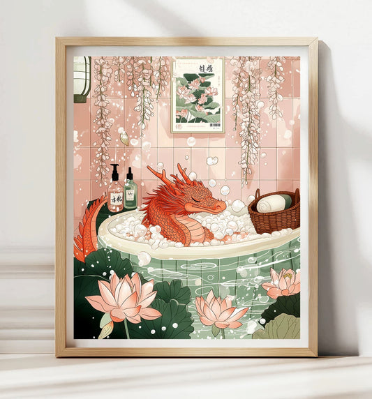Japanese red dragon in bathtub poster – funny Japandi wall art