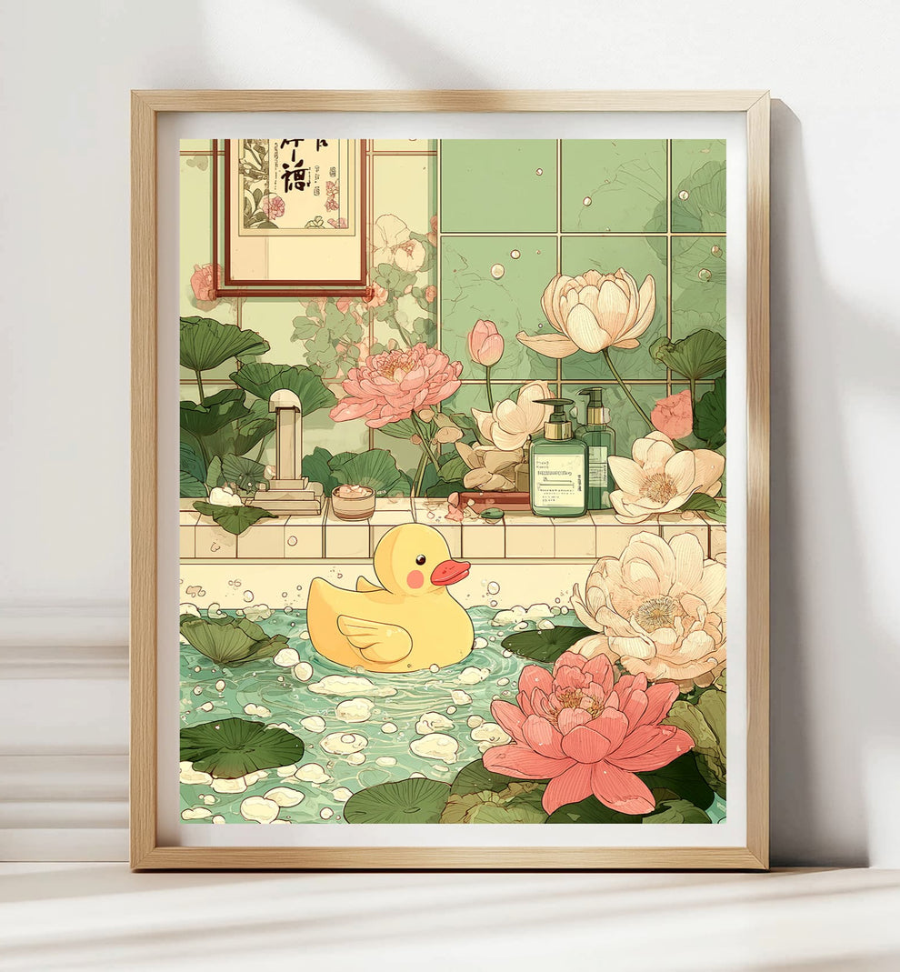 Rubber Duck Bathtub Poster – Funny Japandi Bathroom Animal Art – Paws ...