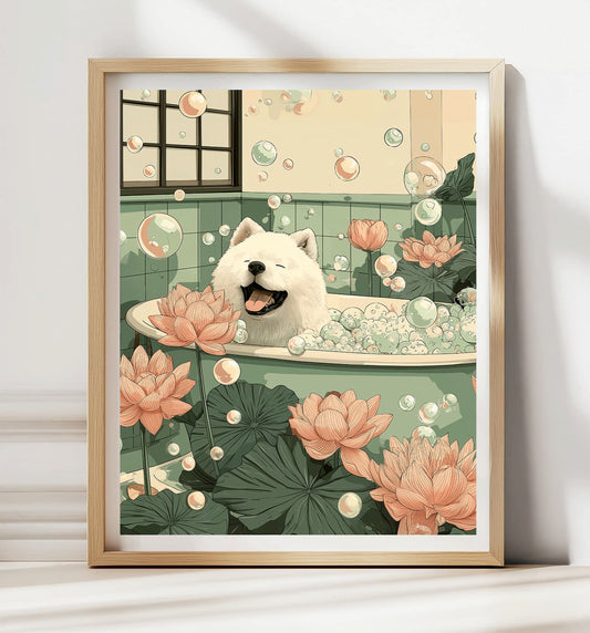 Samoyed dog soaking in bathtub wall art print