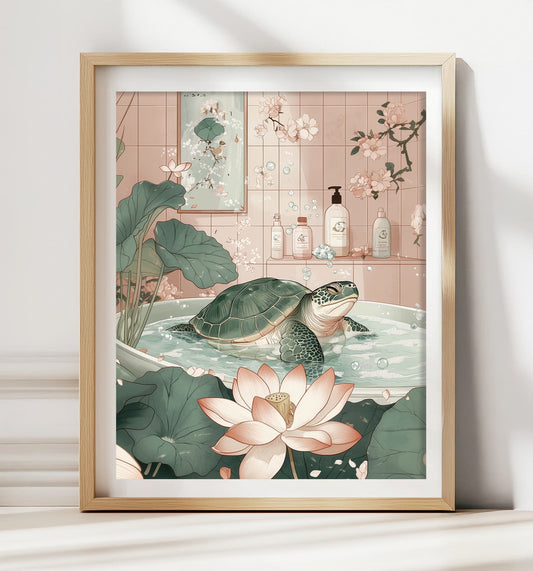 Sea turtle in bathtub sage green dusty pink decor