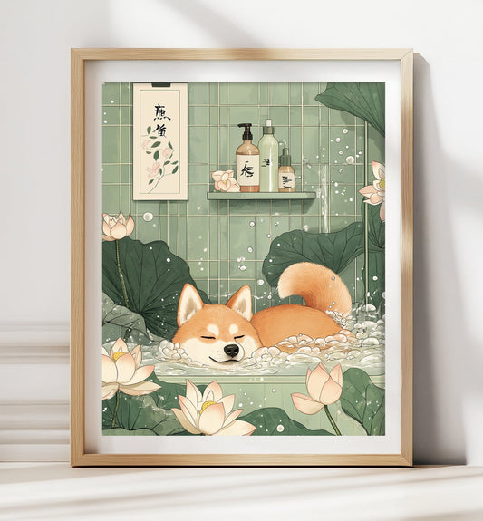 Shiba Inu wall art sage green decor aesthetic bathroom decor zen wall art