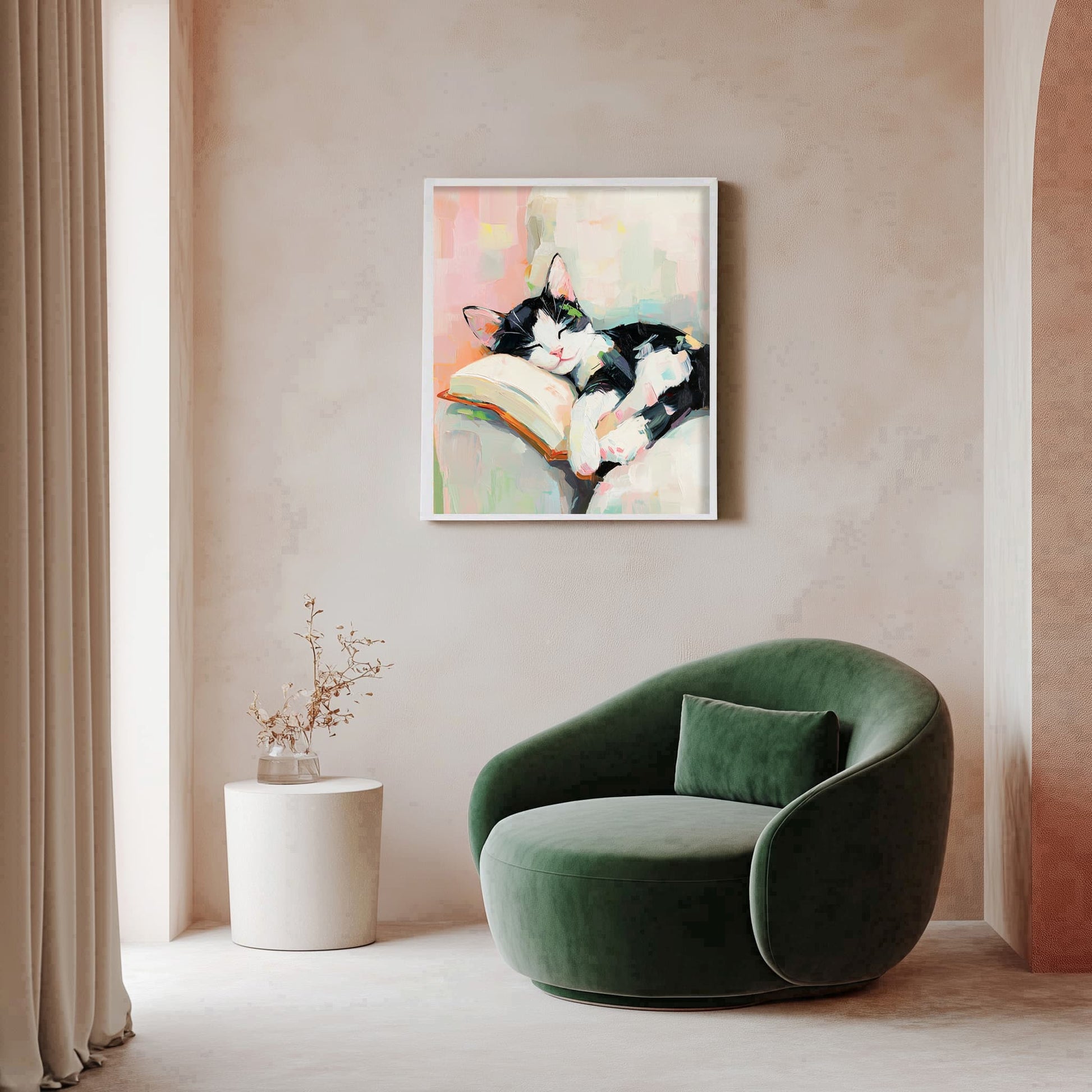 Tuxedo cat on book cozy decor