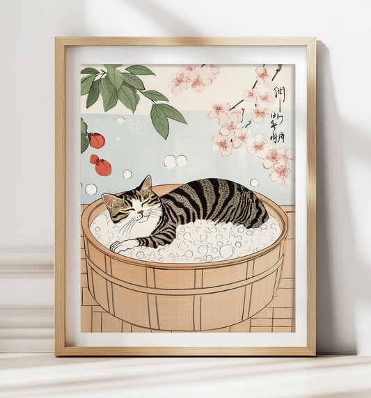 Tabby cat in a Japanese-style bathtub art print