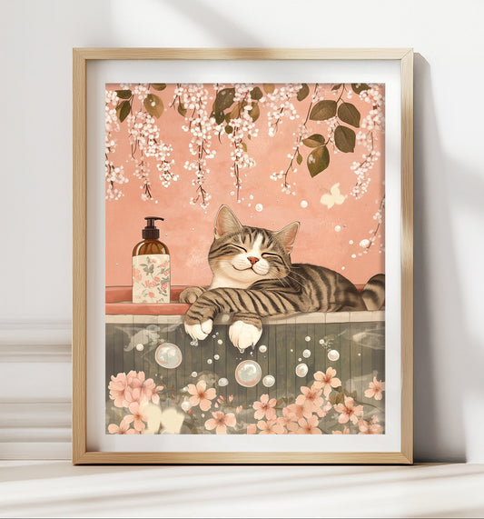 Tabby cat relaxing in bathtub – Japanese wall art print