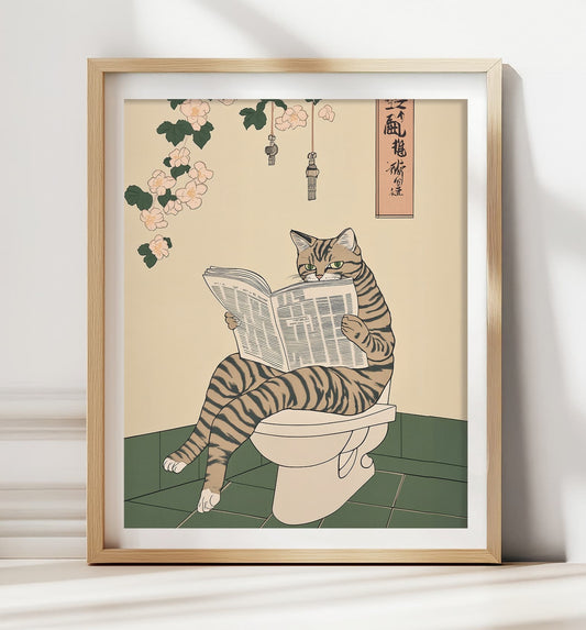 Tabby cat on a toilet in a minimalist Japanese print