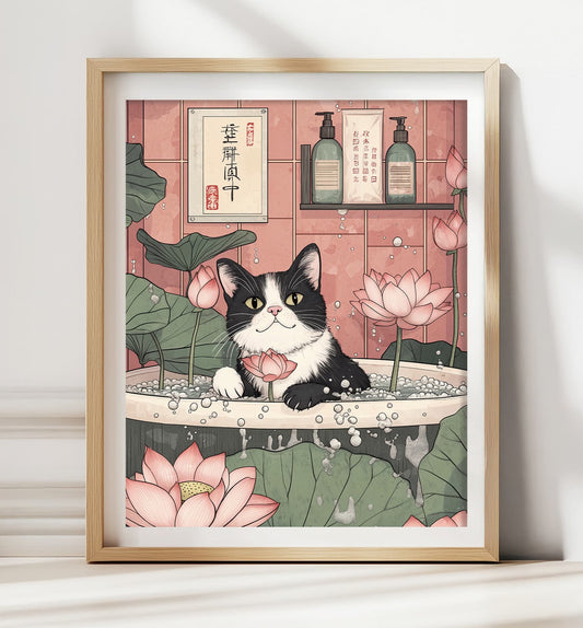 Tuxedo cat in bathtub with lotus flowers wall art