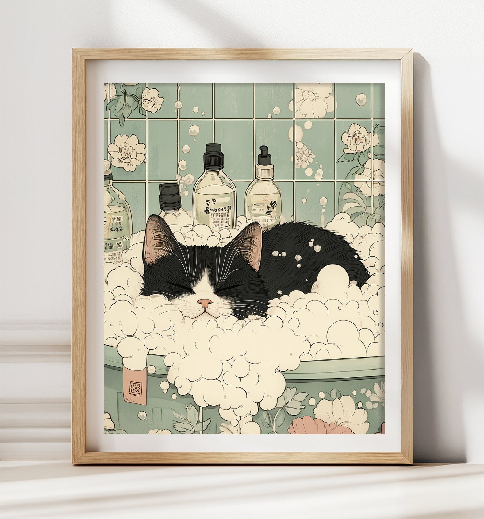 Tuxedo cat in bathtub bathroom wall art with minimalist style