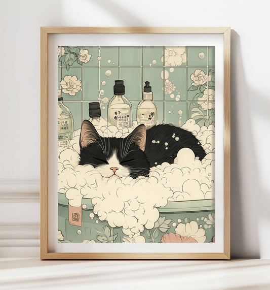 Tuxedo cat in bathtub bathroom wall art with minimalist style