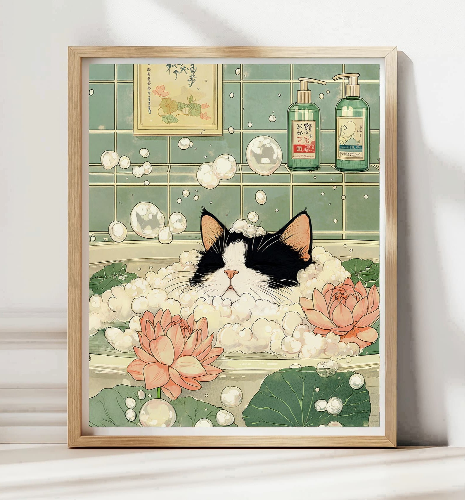 Tuxedo cat soaking in bathtub poster