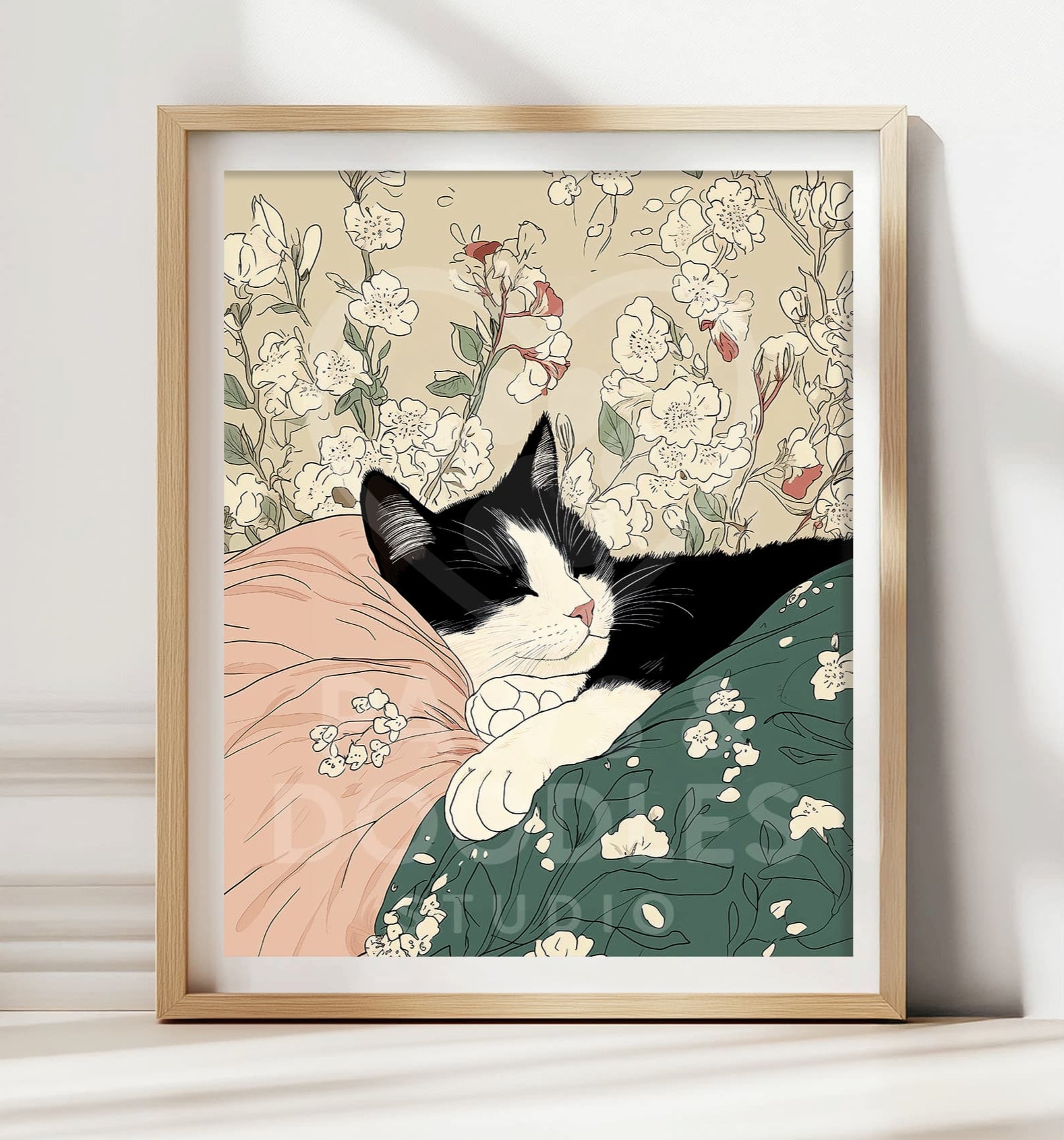 Sleeping tuxedo cat wall art poster