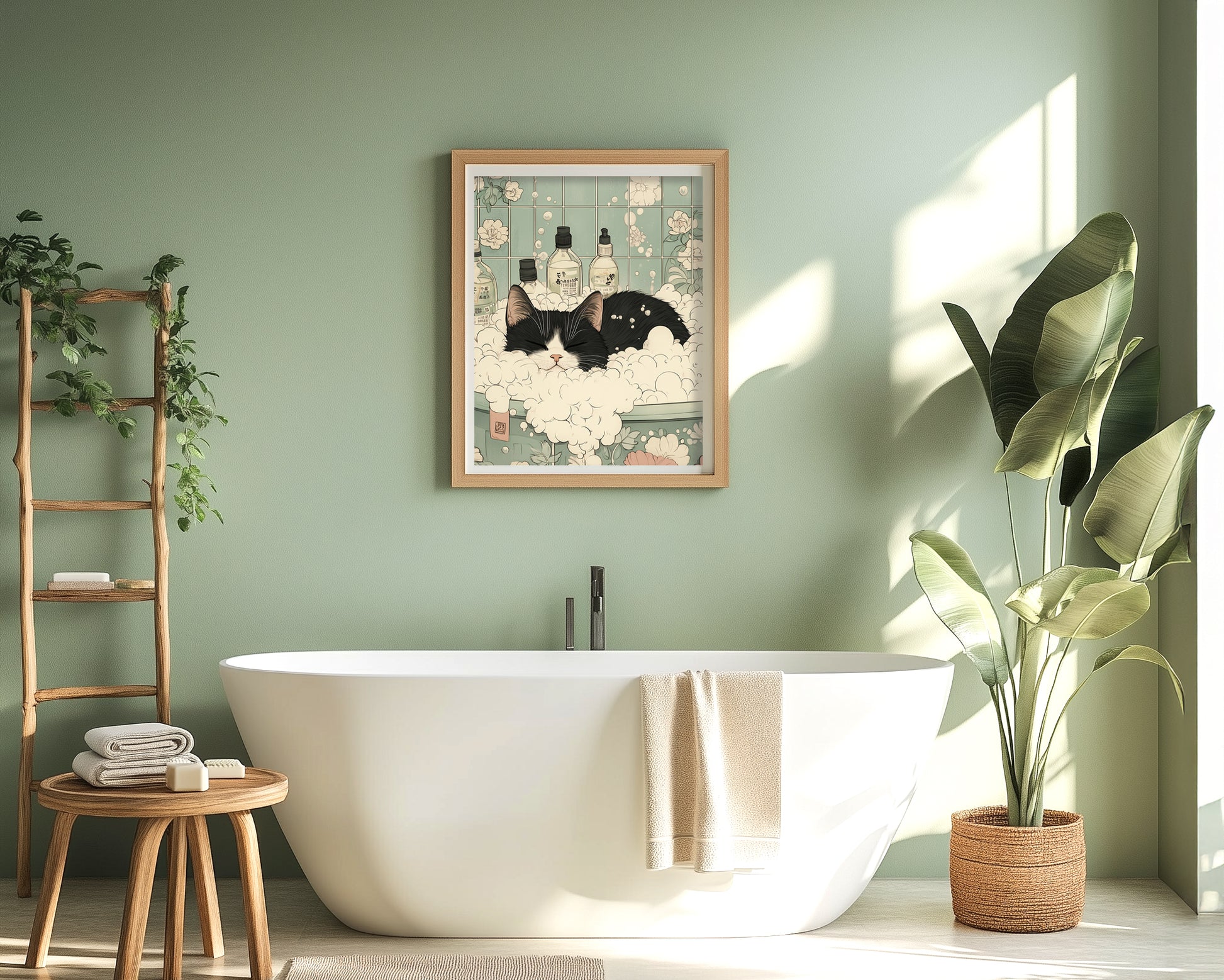 Funny tuxedo cat wall art for bathroom decor
