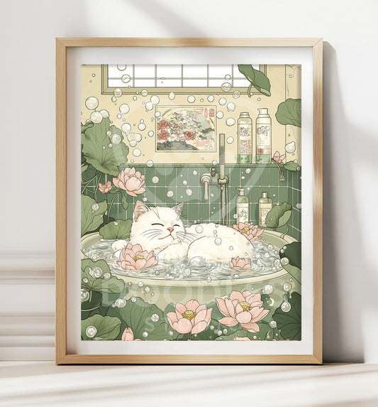 White cat in bathtub Japandi wall art print