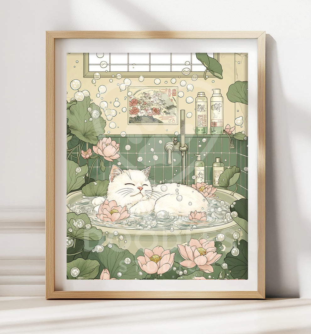 White Cat in Bathtub Japandi Poster – Sage Green Zen Bathroom Art ...