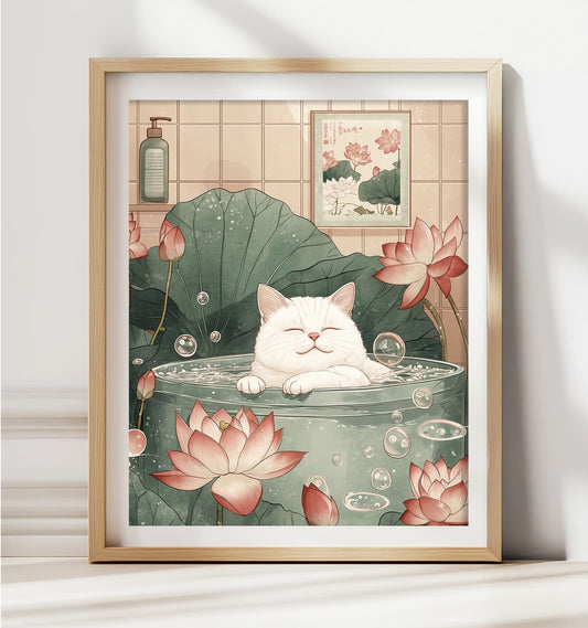 Cute white cat sitting in a bathtub in Japanese minimalist art style