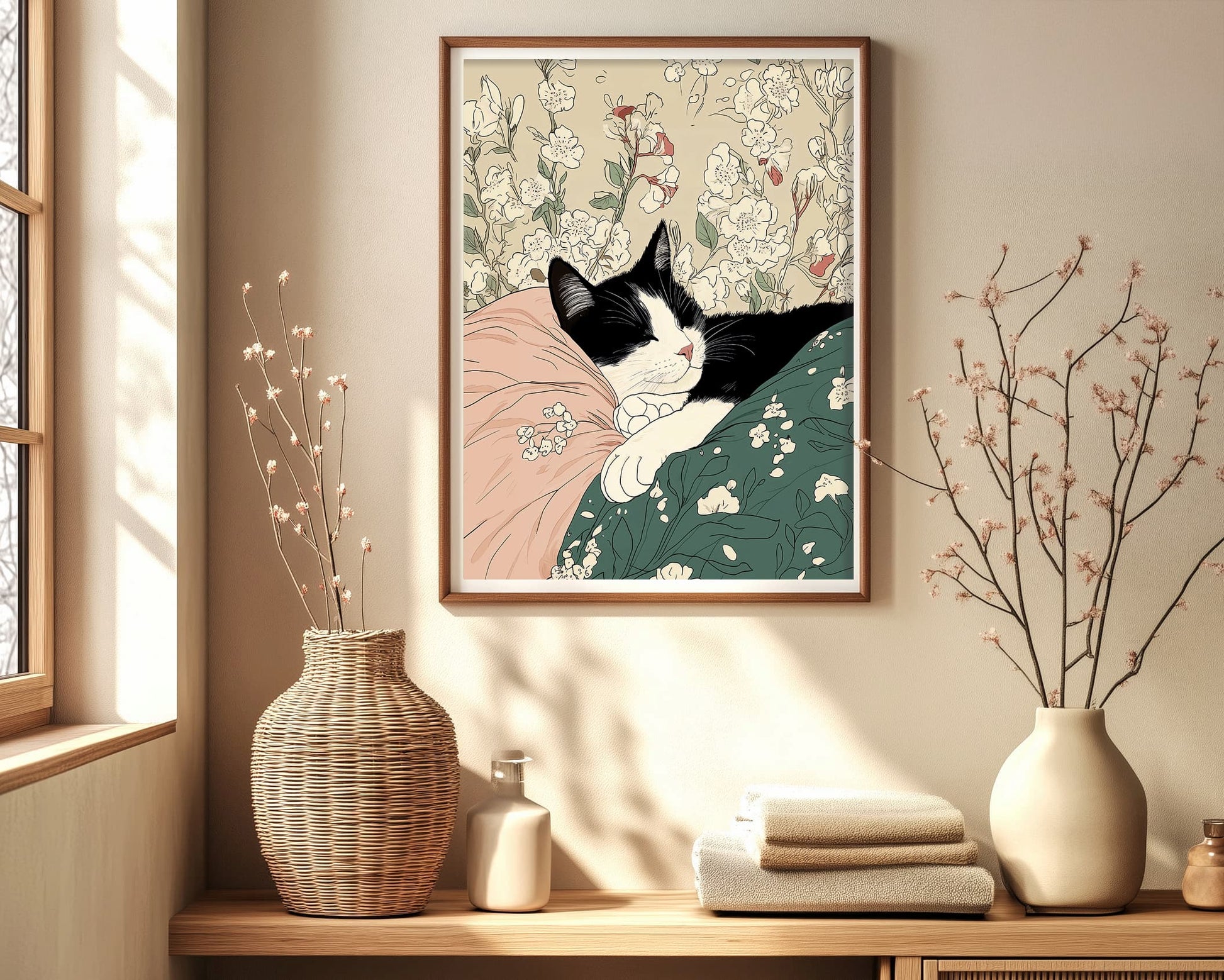 tuxedo cat poster black and white cat decor