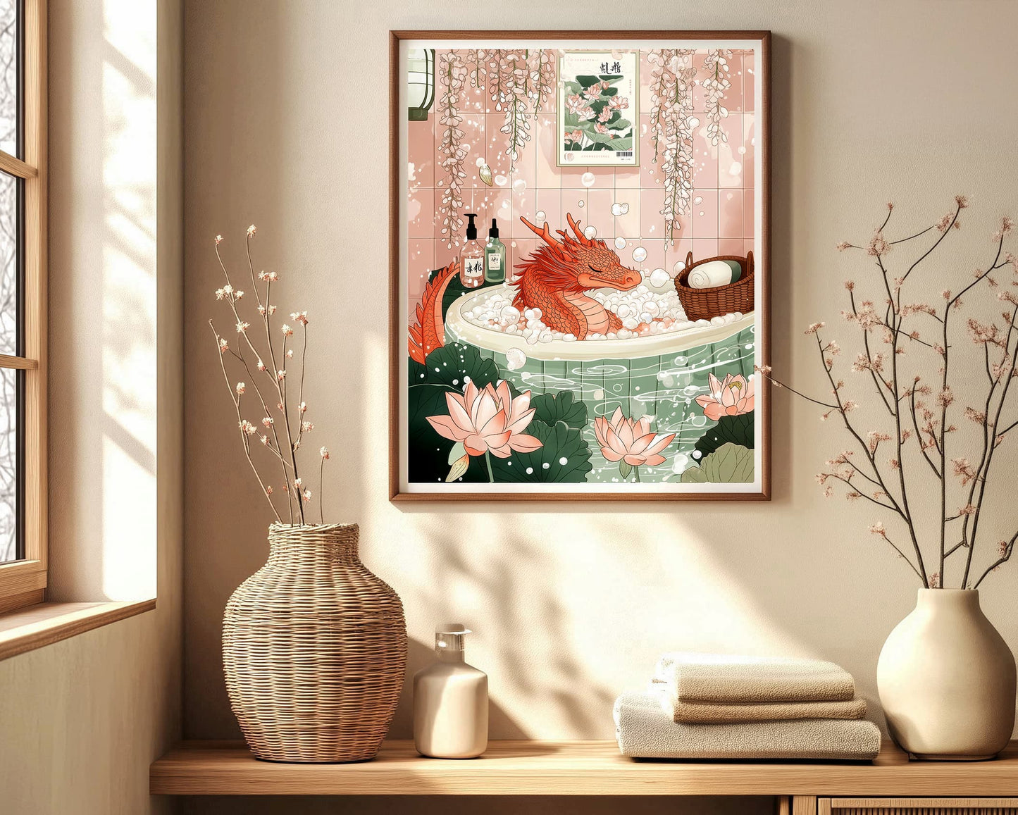 Framed artwork of a dragon in a bath with lotus flowers on a wall above a shelf with decorative items.